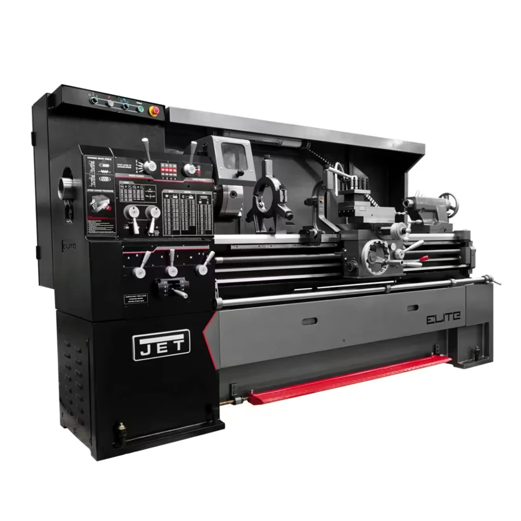 JET EGH-1740 lathe, a 17 x 40 metal lathe with geared headstock, large spindle bore, and industrial cabinet base.