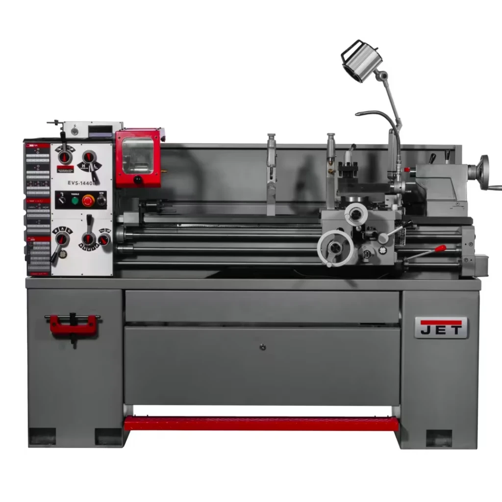 JET EVS-1440B lathe, a 14 x 40 metal lathe with electronic variable speed controls, headstock, carriage, tailstock and cabinet stand.