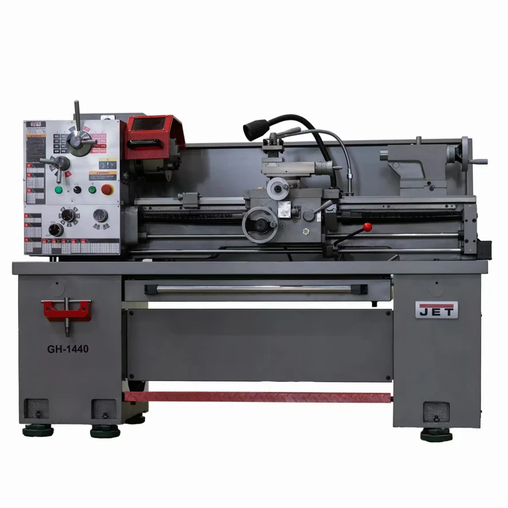 JET GH-1440 lathe, a 14 x 40 metal lathe with geared headstock, 2 inch spindle bore, and cabinet stand.