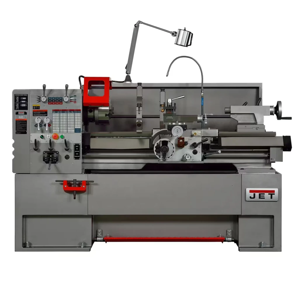 JET GH-1440ZX lathe, a 14 x 40 metal lathe with geared headstock, large spindle bore, and heavy-duty cast iron cabinet base.