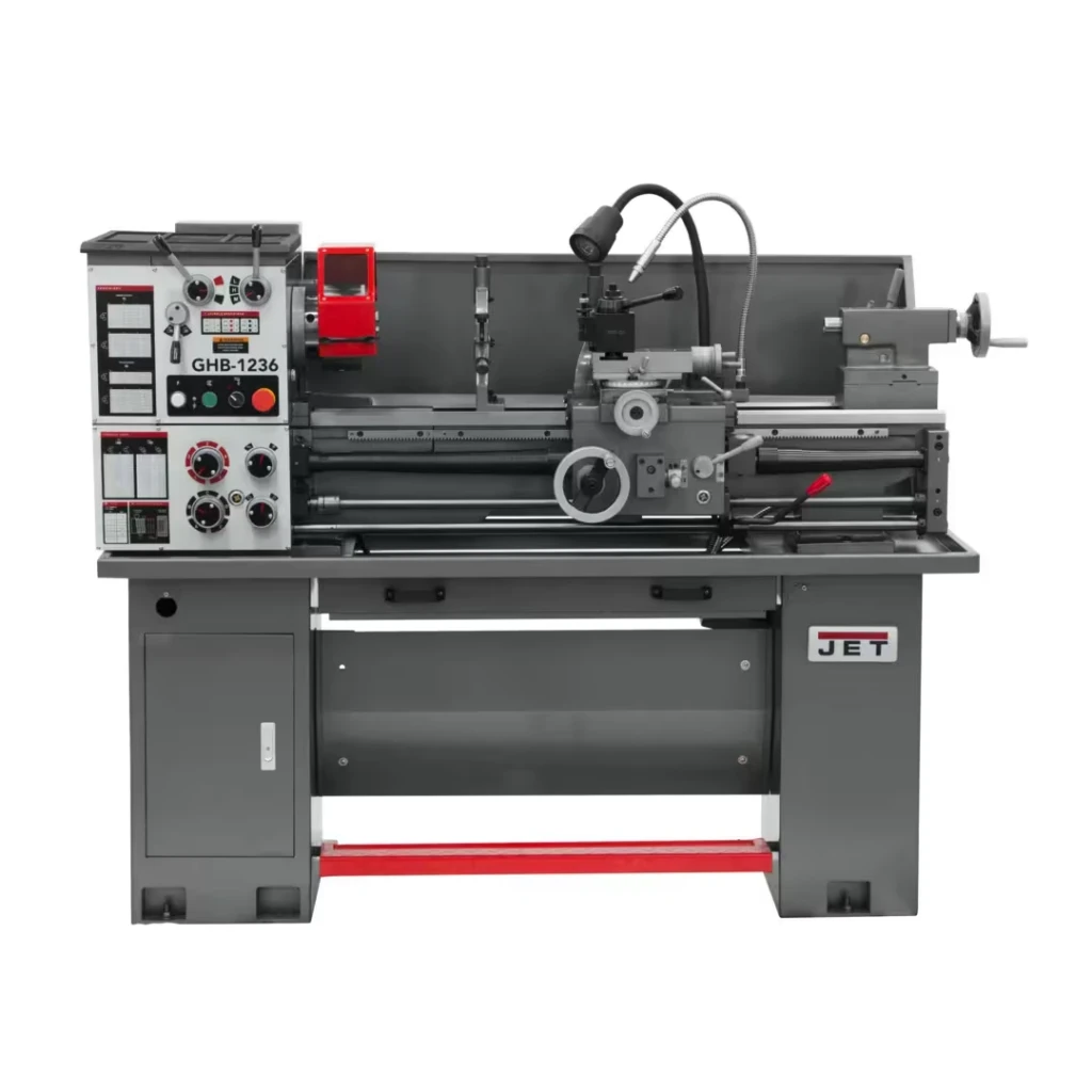 JET GHB-1236 lathe, a 12 x 36 metal lathe with geared headstock, chuck guard, carriage, tailstock, and cabinet stand.