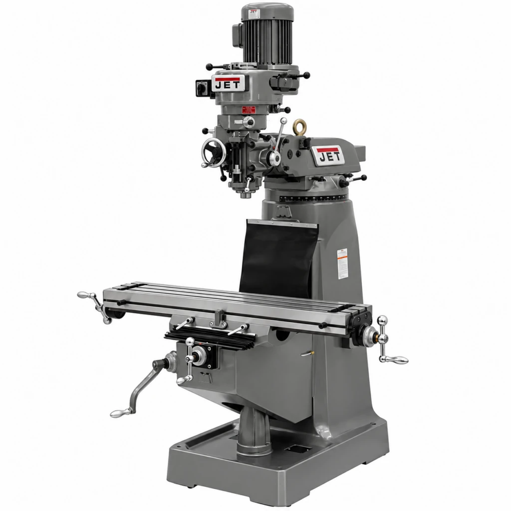 JET JTM-2 step pulley vertical milling machine with 9 x 42 inch table and 2 HP motor.