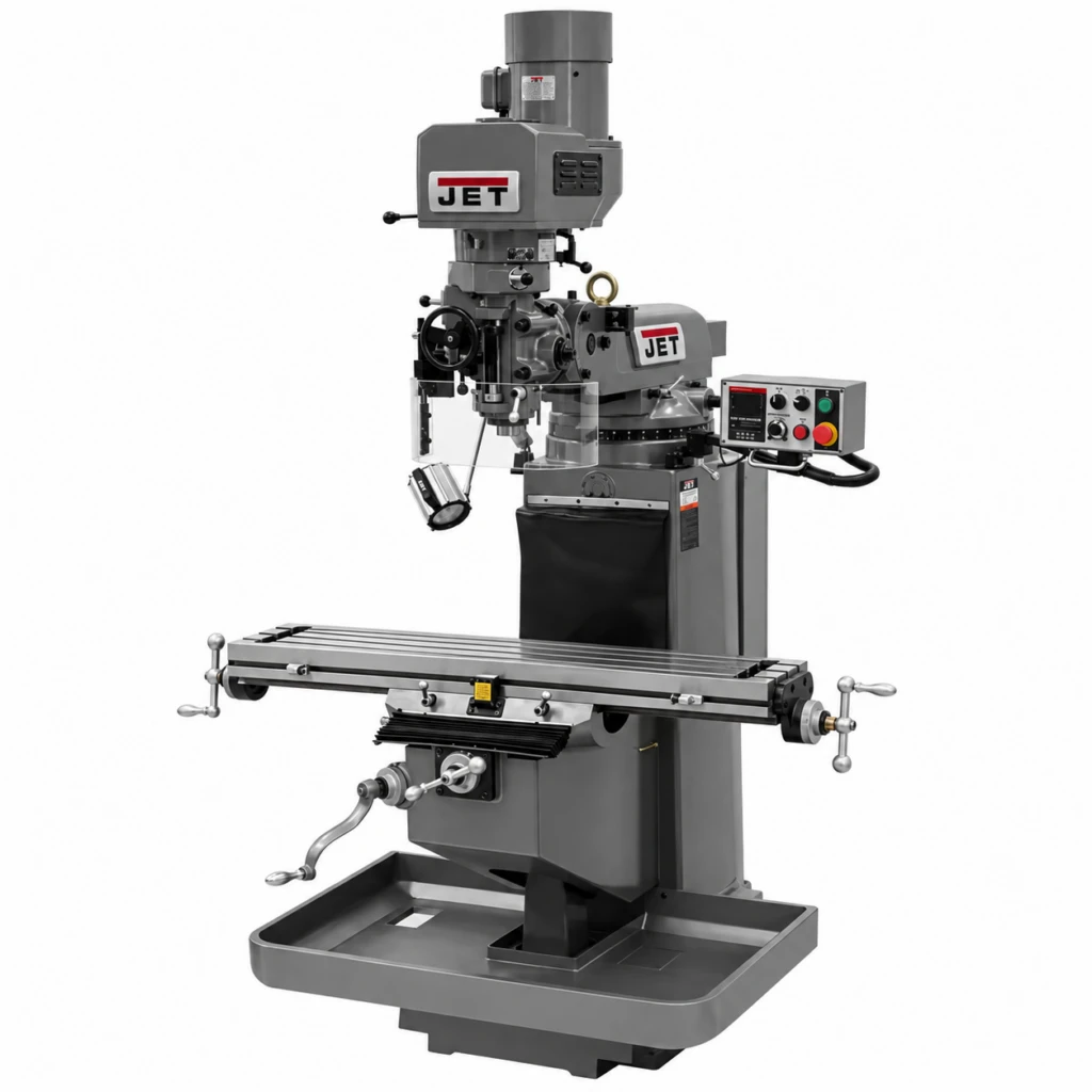 JET JTM-949EVS electronic variable speed vertical milling machine with 9 x 49 inch table and 3 HP motor.