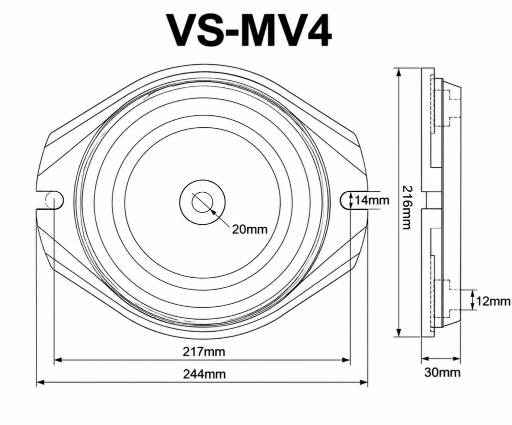 VS-MV4 4 inch milling vise swivel base technical drawing showing mounting dimensions, 244mm overall length, 216mm width, and 30mm height.