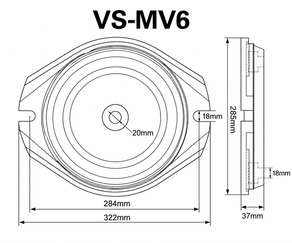 VS-MV6 6 inch milling vise swivel base dimensional drawing showing 322mm overall length, 285mm width, 37mm height, and mounting dimensions.