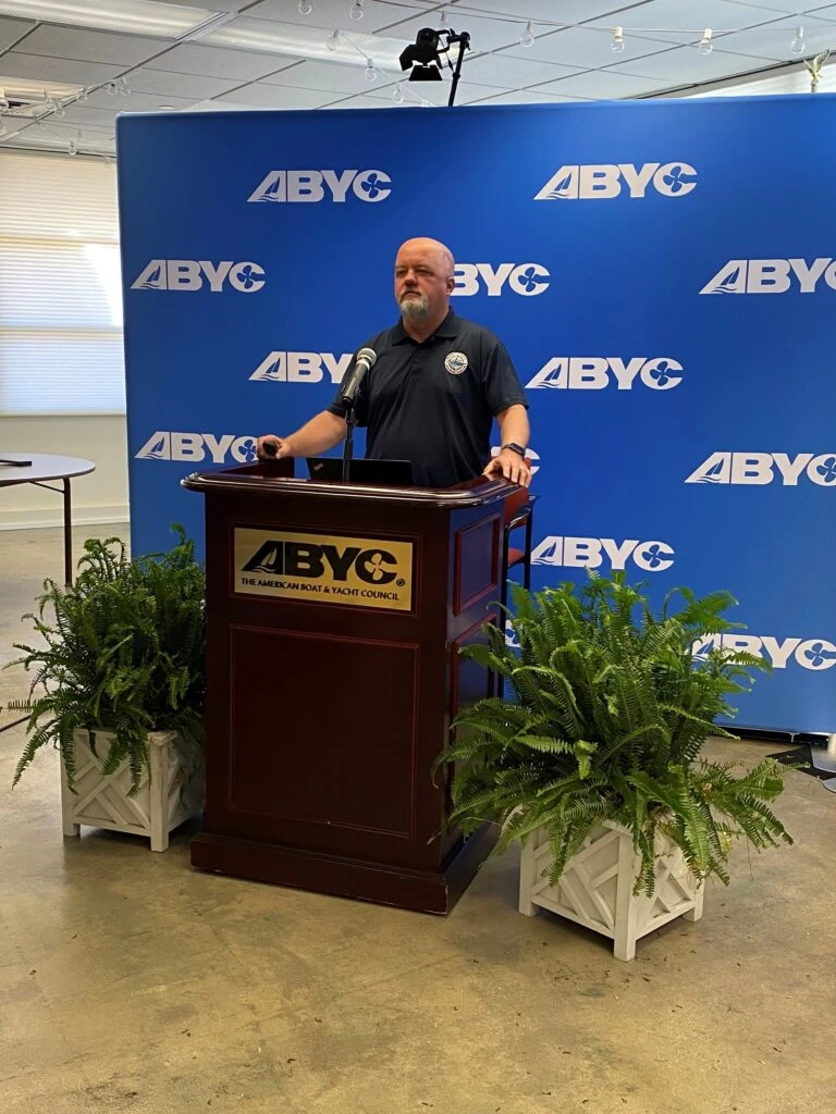 Jeff Ludwig of the U.S. Coast Guard presenting on boating safety and standards during the USCG/ABYC Risk Mitigation webinar