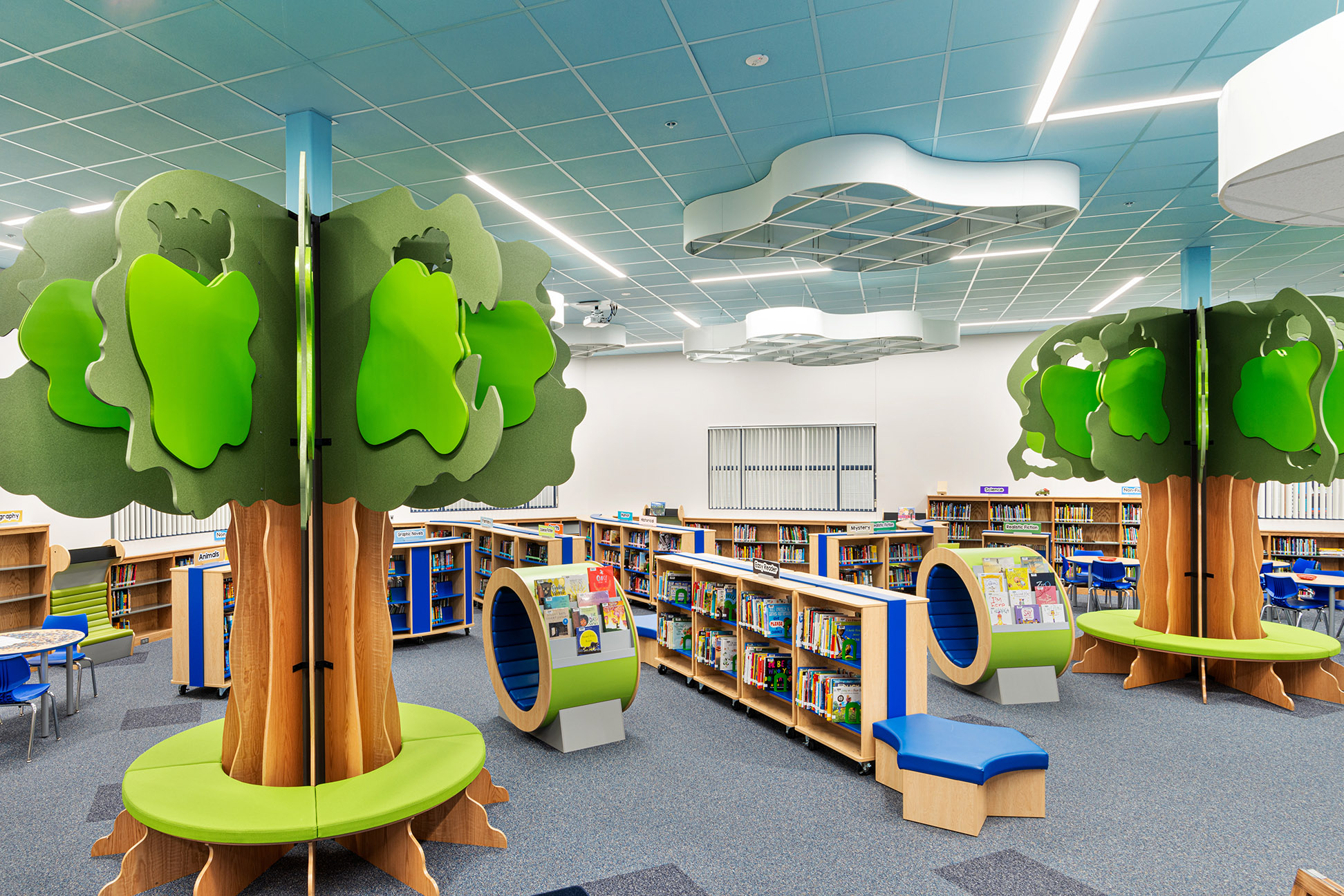 Aspen Meadow Elementary School's Media Center Featuring Furniture Shaped as Trees