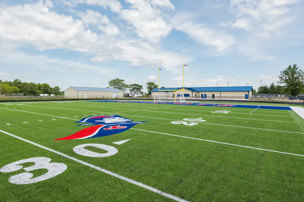 Jay County Jr-Sr High School New Turf Football and Soccer Field with New Cleathouse in background