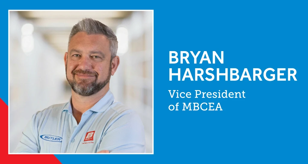Photo of Bryan Harshbarger over a blue background with text that reads "Bryan Harshbarger, Vice President of MBCEA"