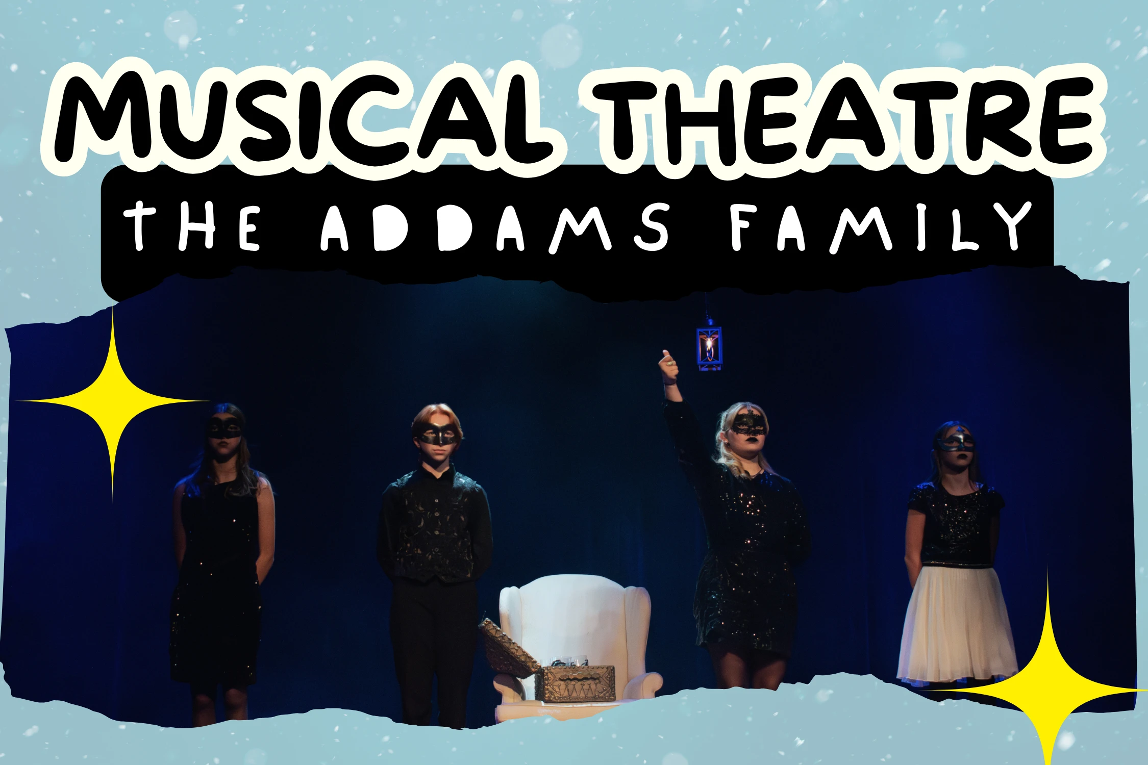 MT - Addams Family class graphic with students wearing masks