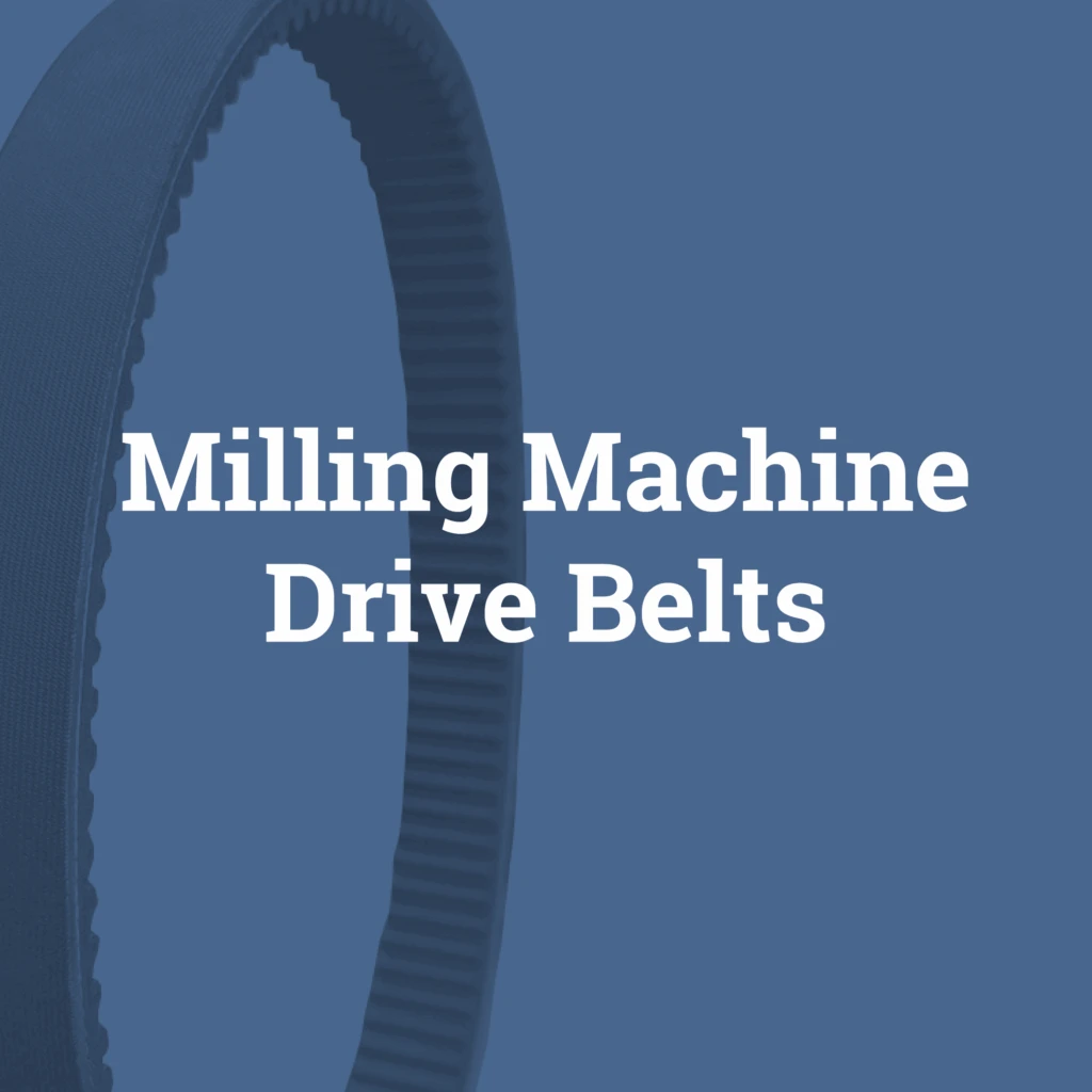 Close-up of a milling machine drive belt with text overlay on a blue background