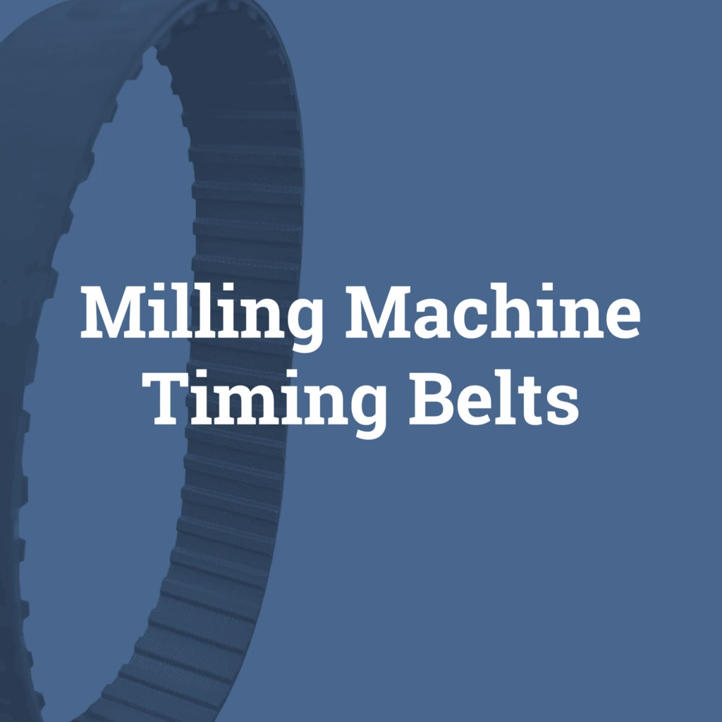 Close-up of a milling machine timing belt with text overlay on a blue background