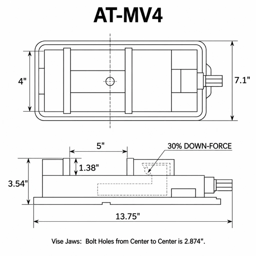 AT-MV4 4 inch Angle-Tight Positive-Lock milling vise technical drawing showing top and side views, jaw dimensions and down-force clamping design.