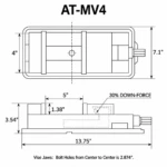 AT-MV4 4 inch Angle-Tight Positive-Lock milling vise technical drawing showing top and side views, jaw dimensions and down-force clamping design.
