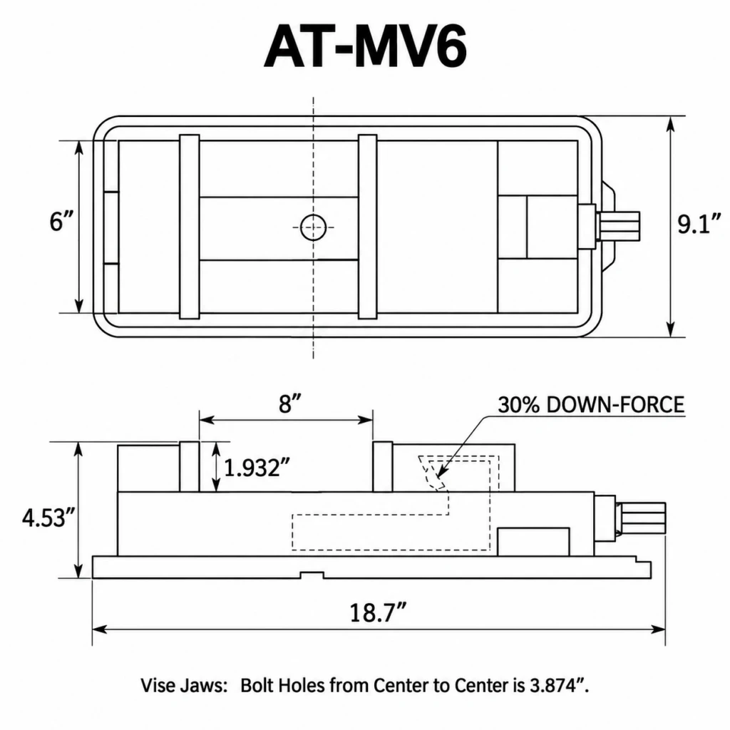 AT-MV6 6 inch milling vise technical drawing showing overall dimensions, jaw height, jaw opening, and 30 percent down-force mechanism.