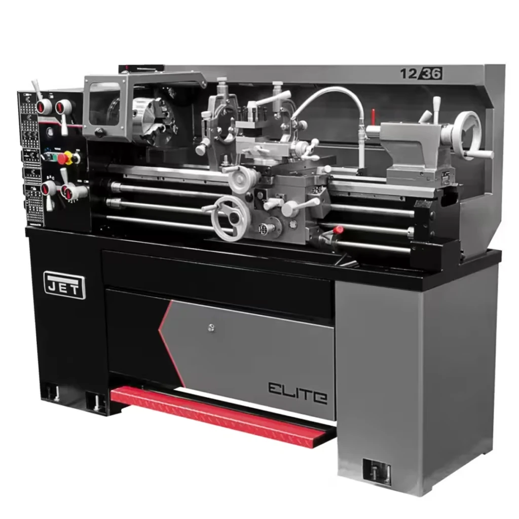 JET E-1236VS 12 x 36 metal lathe with electronic variable speed control, 2 HP motor, and cabinet stand.
