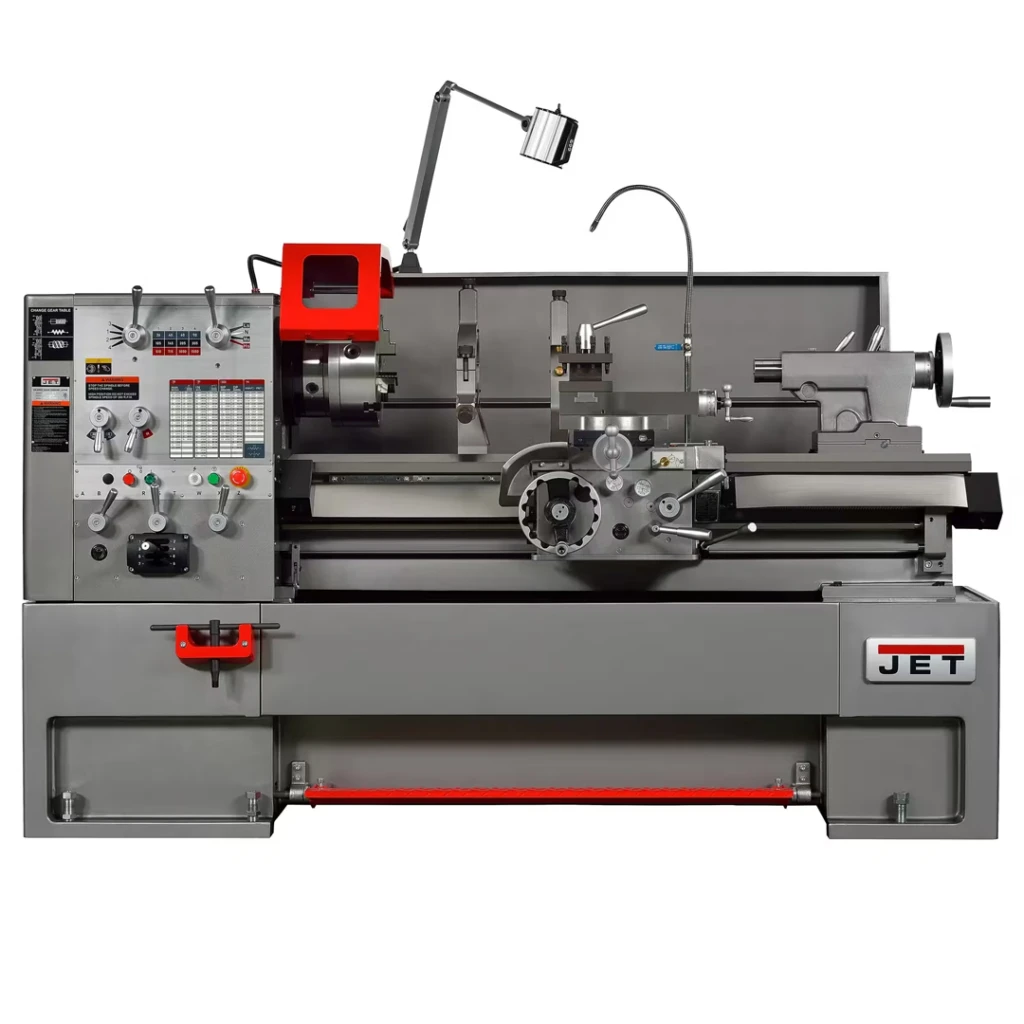JET GH-ZX series large spindle bore geared head metal lathe with industrial cabinet base, chuck guard, carriage, tailstock, and work light.