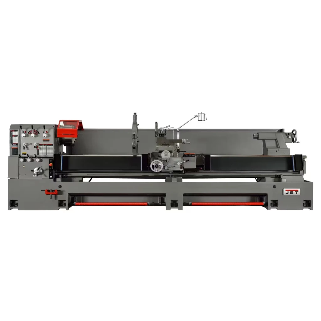 JET GH-ZH series large spindle bore industrial geared head metal lathe with long bed, heavy-duty cast iron base, chuck guard, carriage, and tailstock.