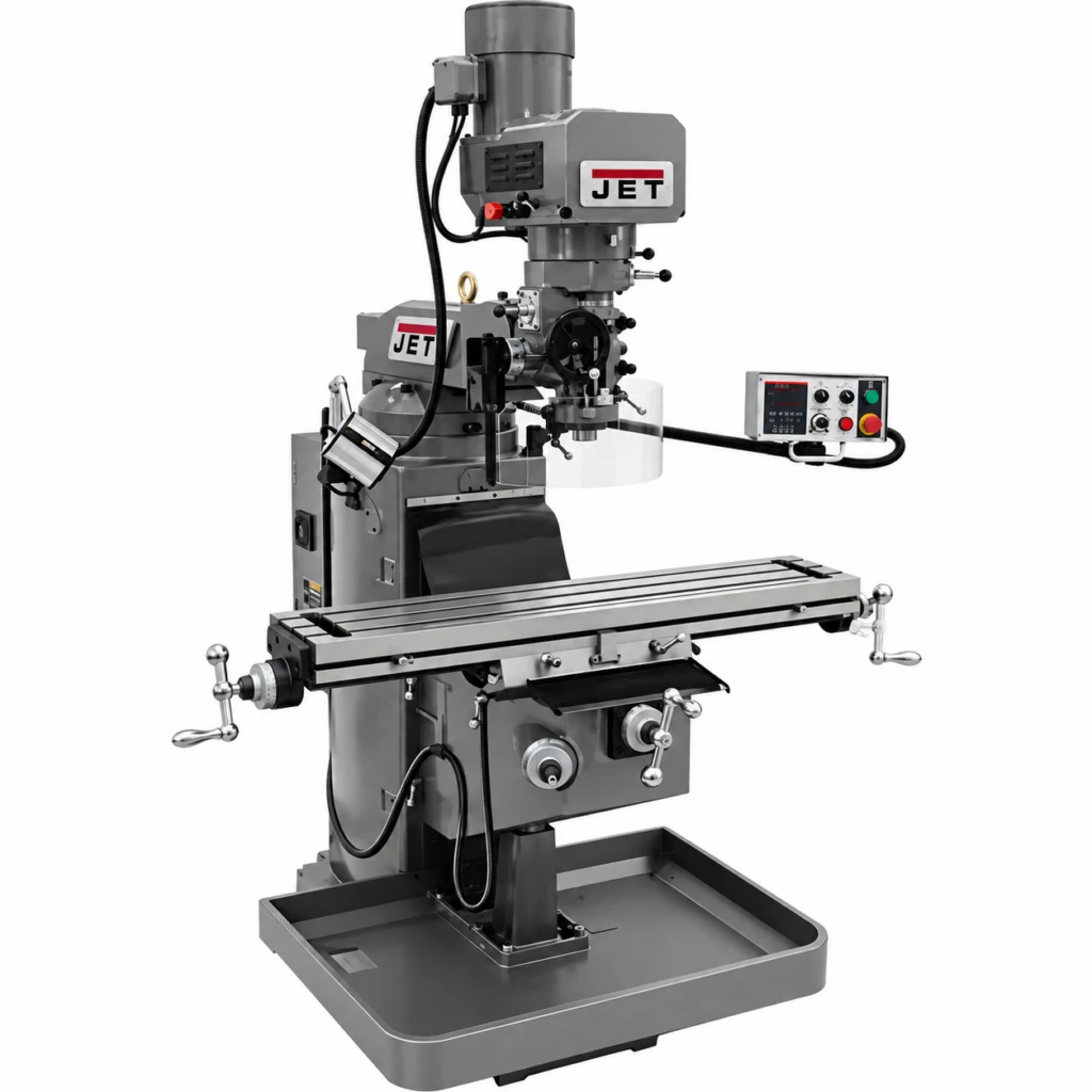 JET JTM-1050EVS electronic variable speed vertical milling machine with 10 x 50 inch table and 3 HP motor.