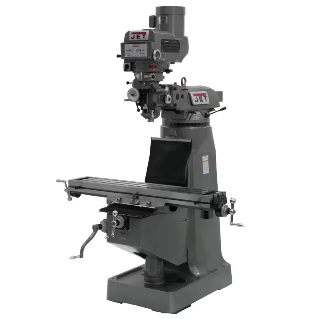 JET JTM-4VS variable speed vertical milling machine with 9 x 49 inch table and R-8 spindle.