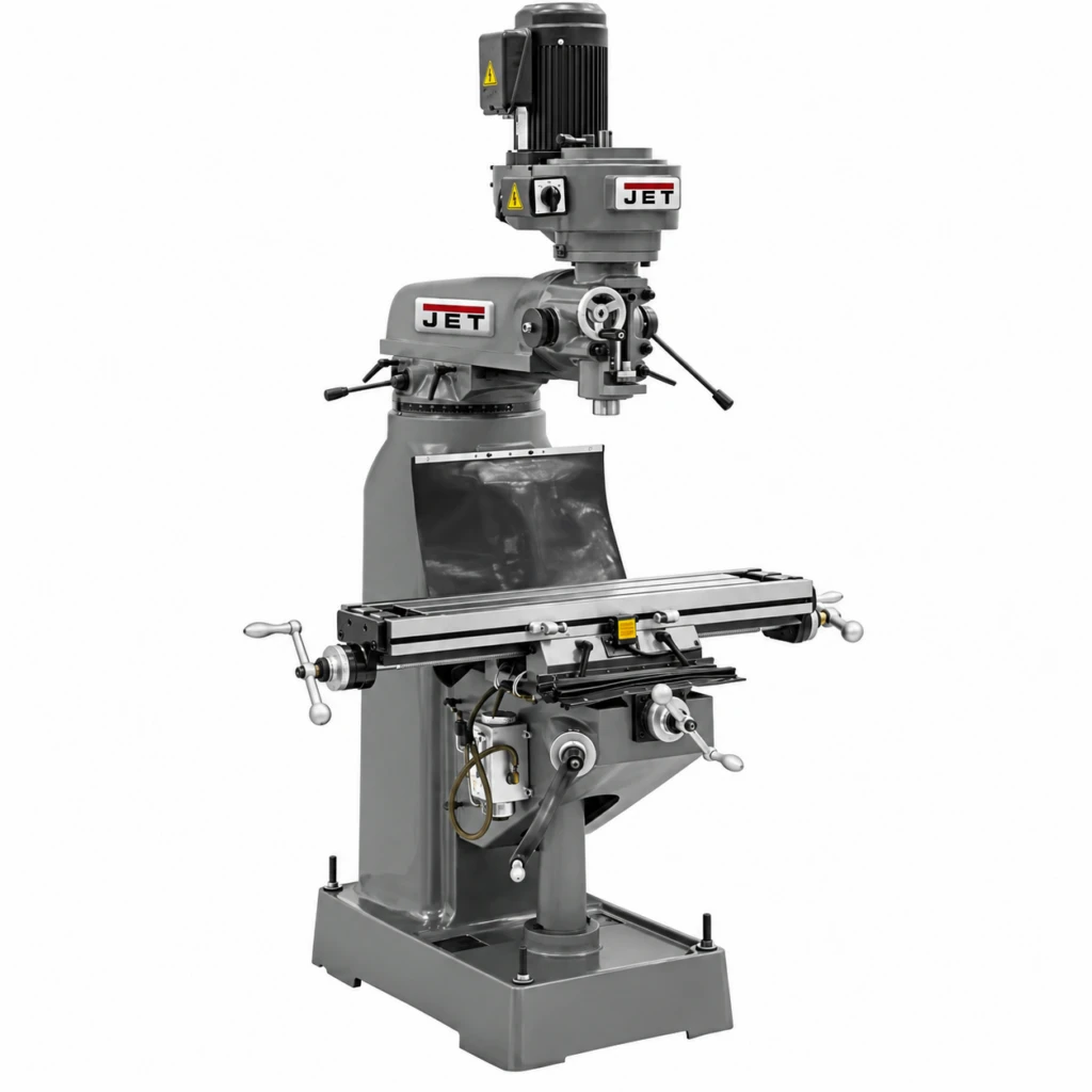 JET JVM-836 8 x 36 milling machine with step pulley spindle drive, R-8 taper, and 1.5 HP motor.