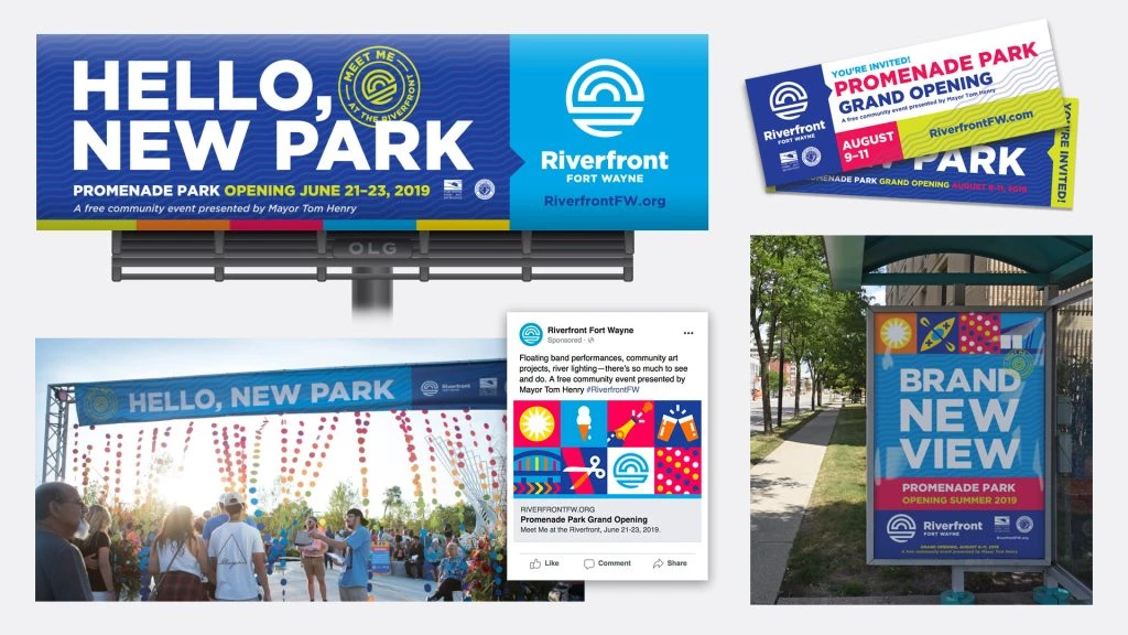 Riverfront Fort Wayne branded pieces - billboard, tickets, banner and sign