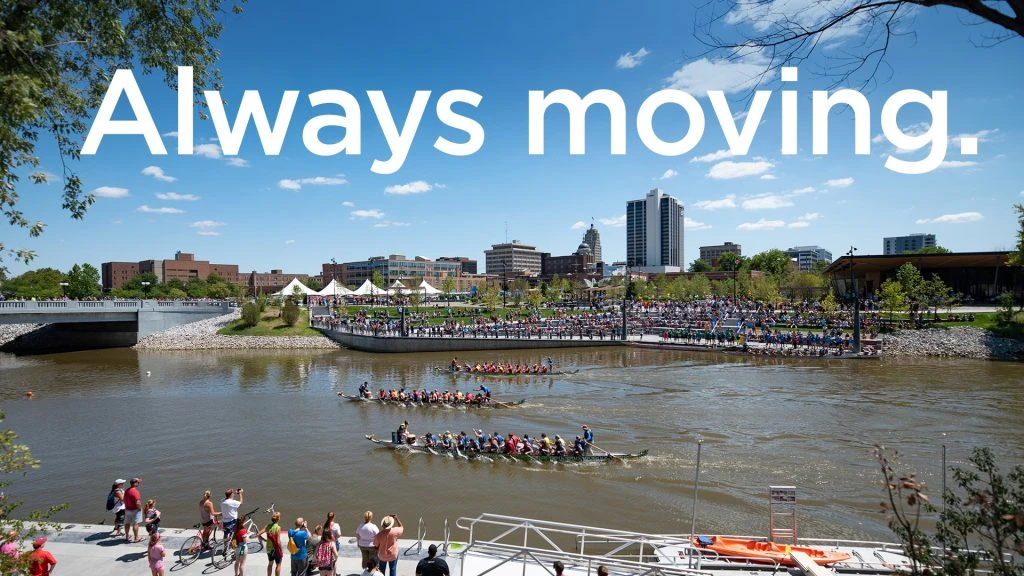 Fort Wayne river with text Always moving. over image