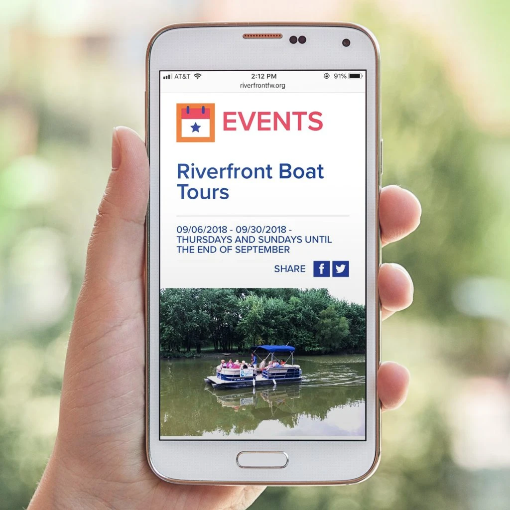 Riverfront Fort Wayne events page on mobile display