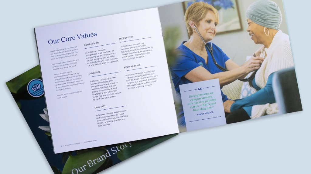 Stillwater Hospice brand book inside spread