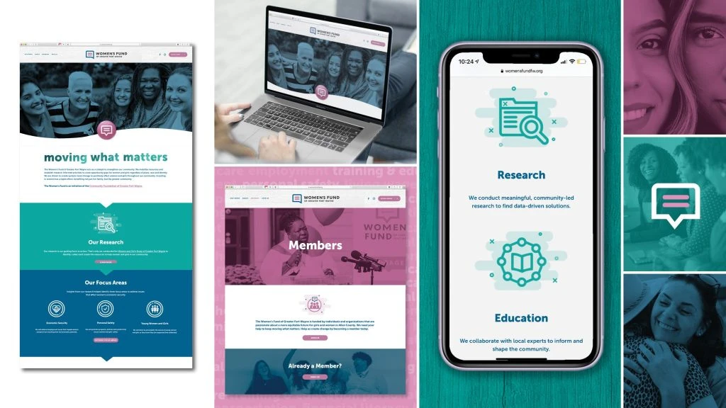 Women's Fund website and branding mockups on electronic devices