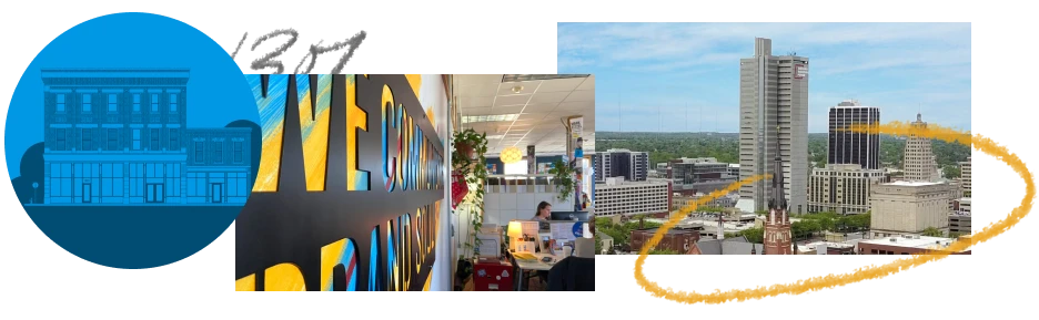 Images of Fort Wayne and One Lucky Guitar office