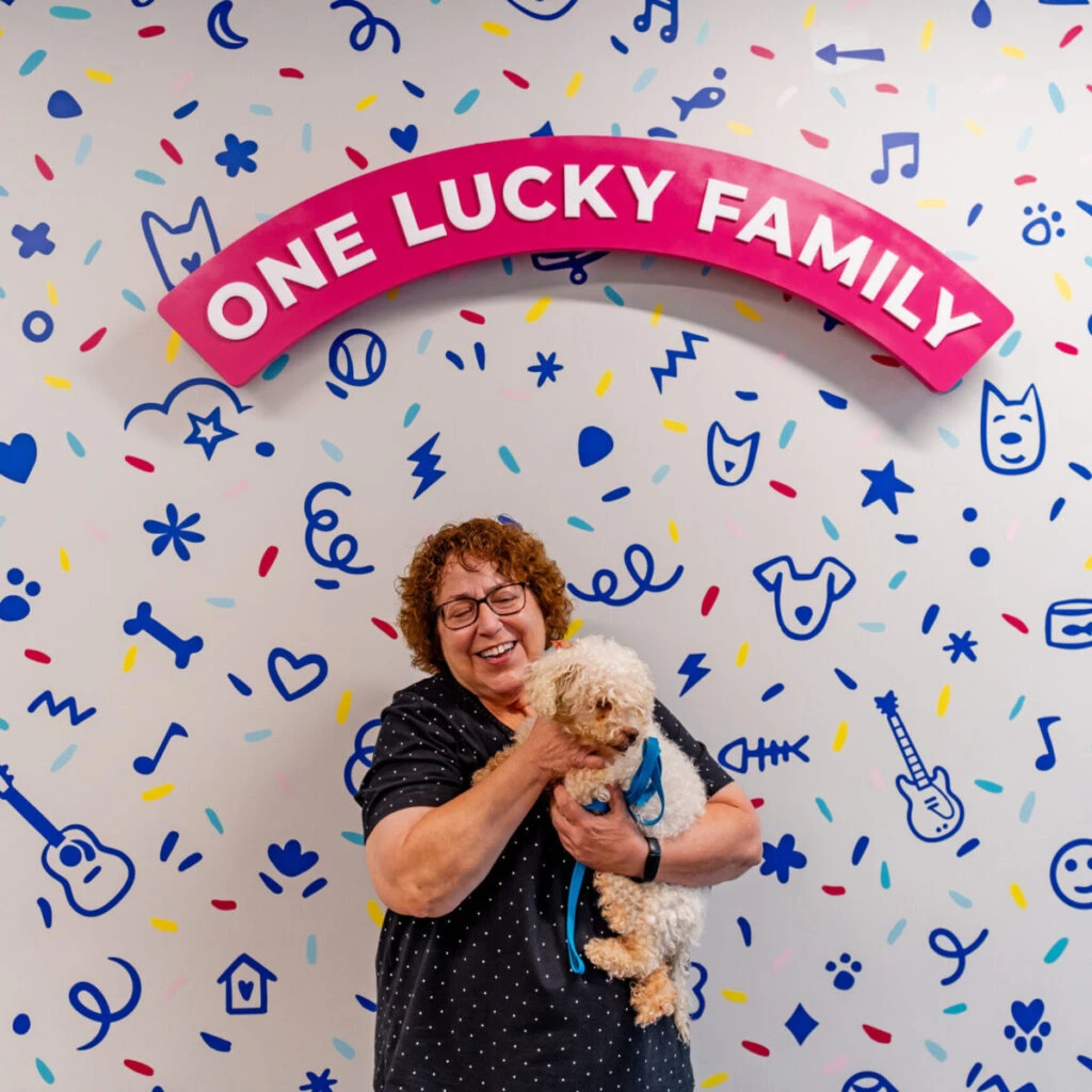 Humane Fort Wayne adoption wall - woman holding dog