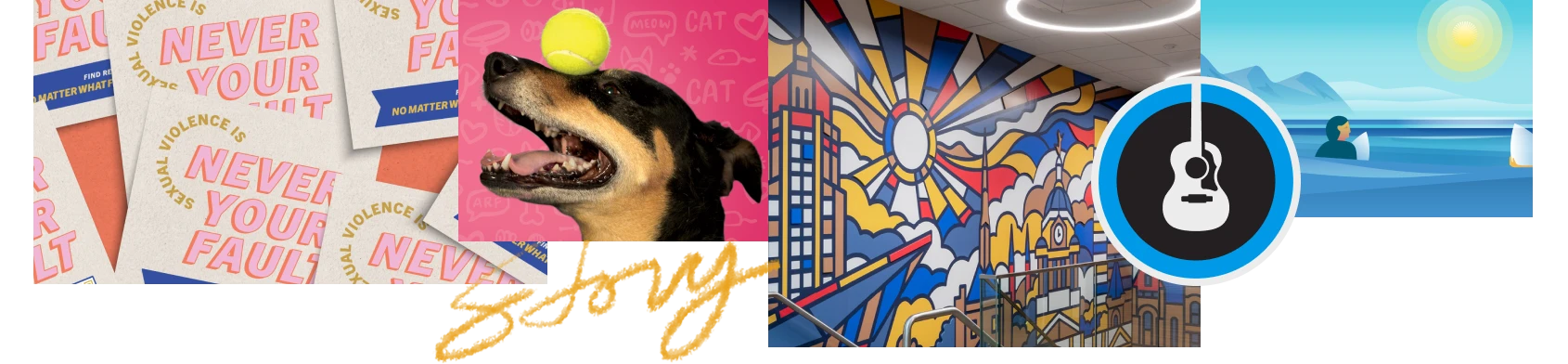 collage image of dog, Women's Fund lockups, office mural and surfing illustration