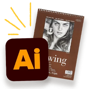Collage of Adobe Illustrator icon and notebook