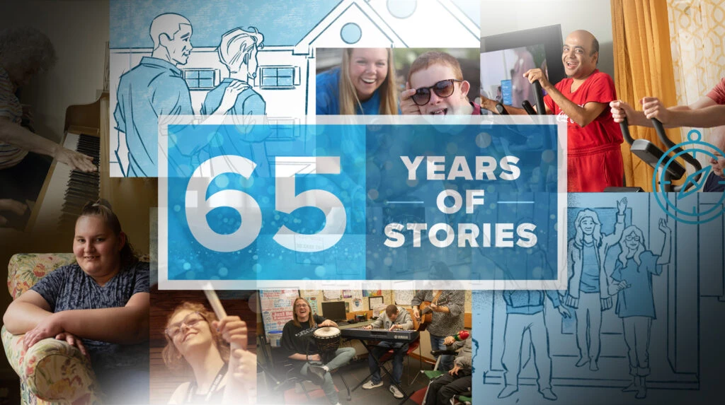 Collage of photography of Benchmark patients and video illustrations. "65 Years of Stories" locked-up in the middle.