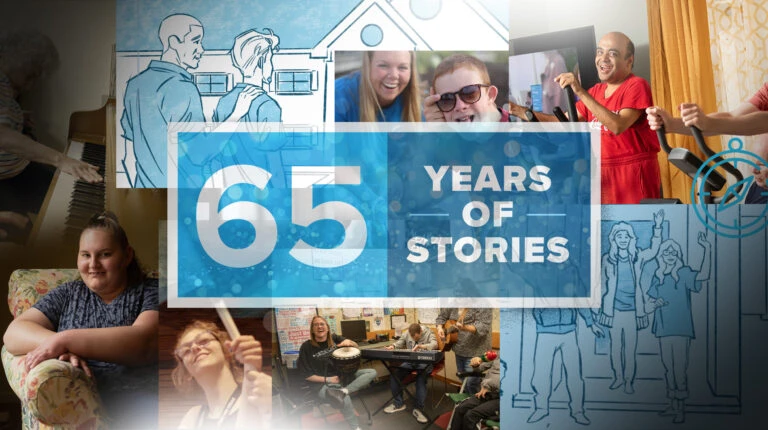 Collage of photography of Benchmark patients and video illustrations. "65 Years of Stories" locked-up in the middle.