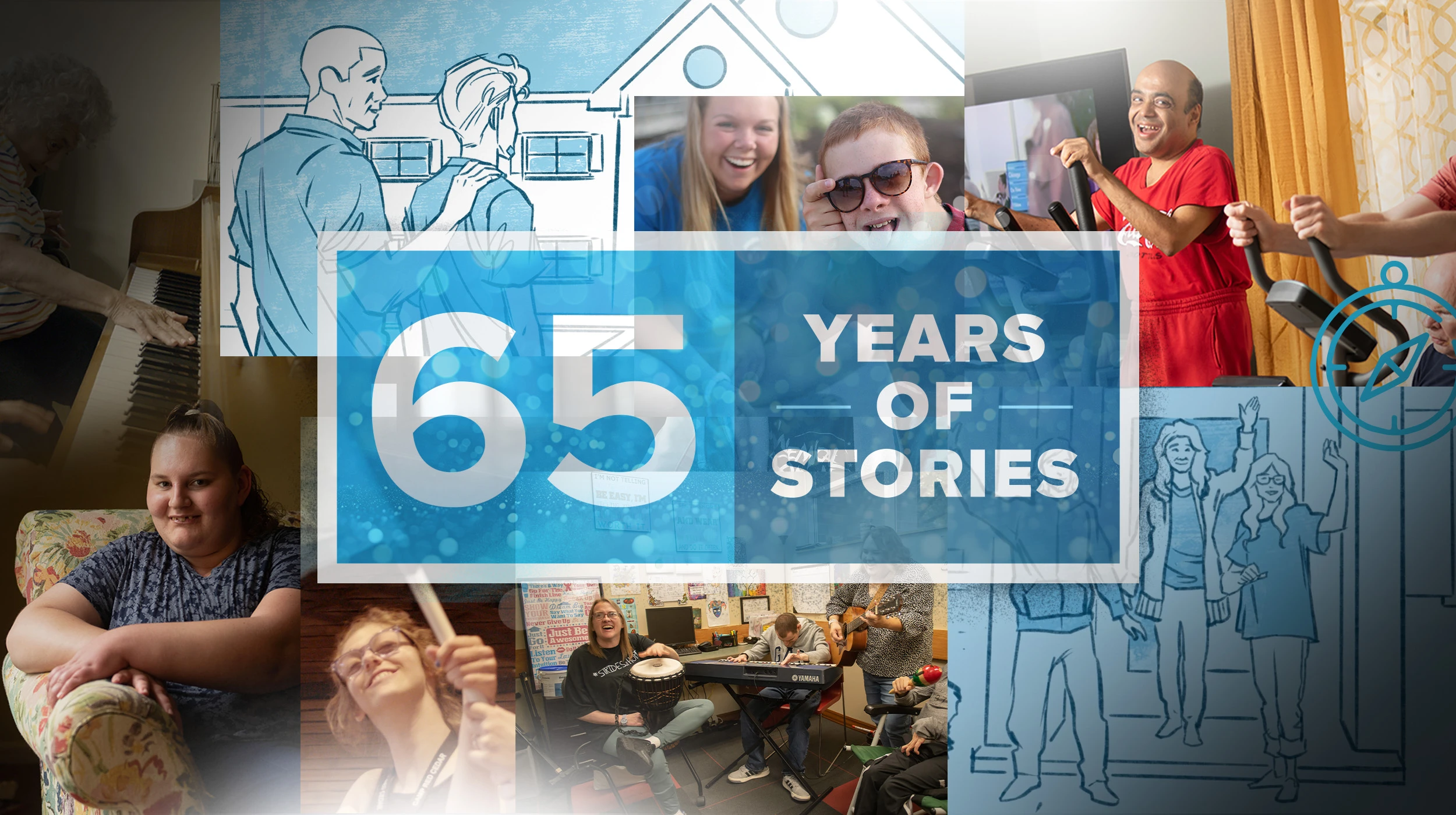 Collage of photography of Benchmark patients and video illustrations. "65 Years of Stories" locked-up in the middle.