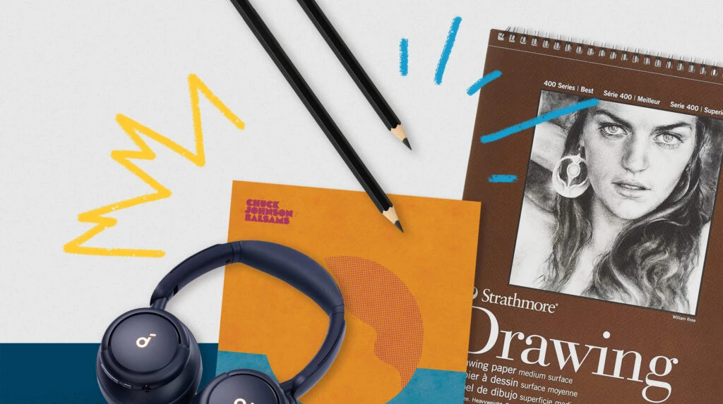 Collage of items listed in the blog including headphones, notebook, and pencils.