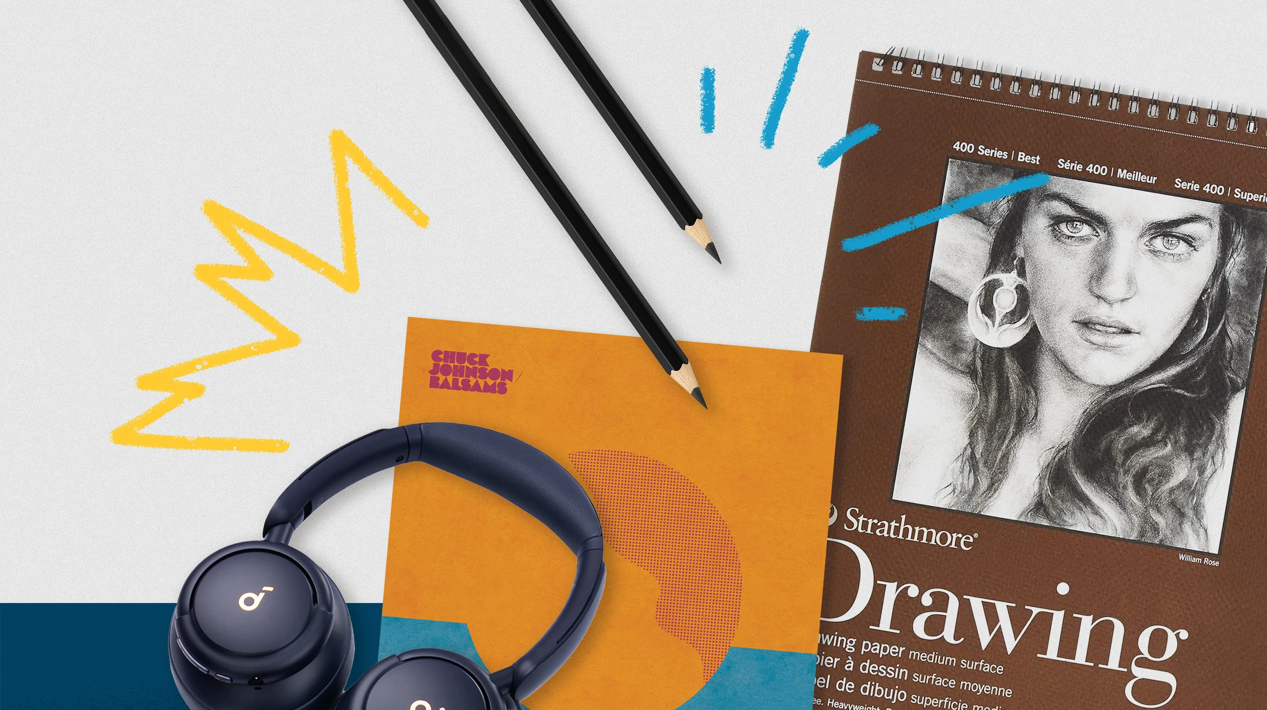 Collage of items listed in the blog including headphones, notebook, and pencils.