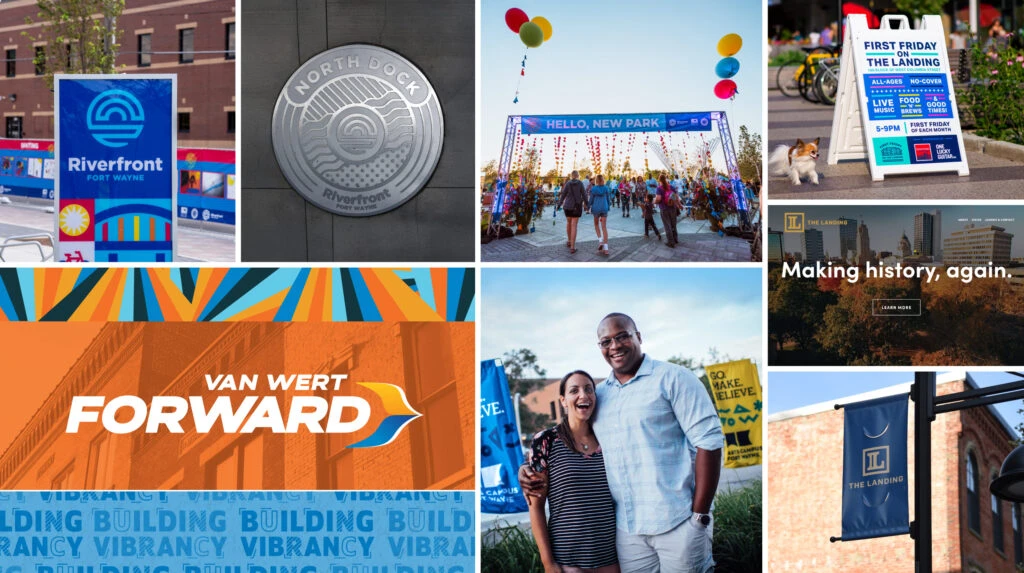 Collage of signage designed by OLG around Fort Wayne including for the Riverfront, The Landing, and Van Wert Forward