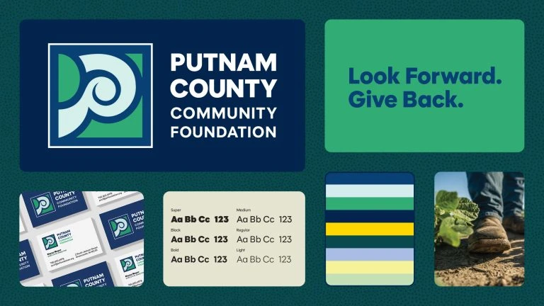 Collage of Putnam County Community Foundation branding graphics including the logo, business cards, colors, and brand platform, "Look Forward. Give Back."