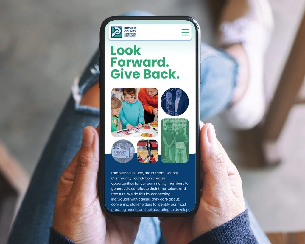 Mockup showing Putnam County Community Foundation's website on an iPhone screen.