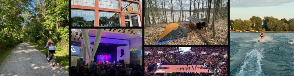 Collage of photos used throughout the blog. Icluding Brown County camping, Everwise Ampitheater