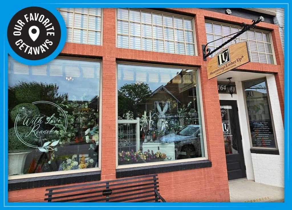 Image of downtown Roanoke featuring the storefront of Heartstrings Lather Up
