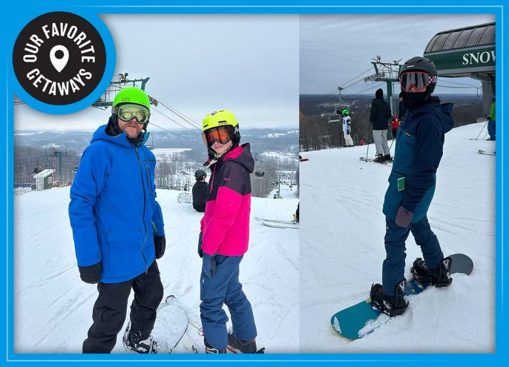 Group photo of family skiing on the slopes of Michigan