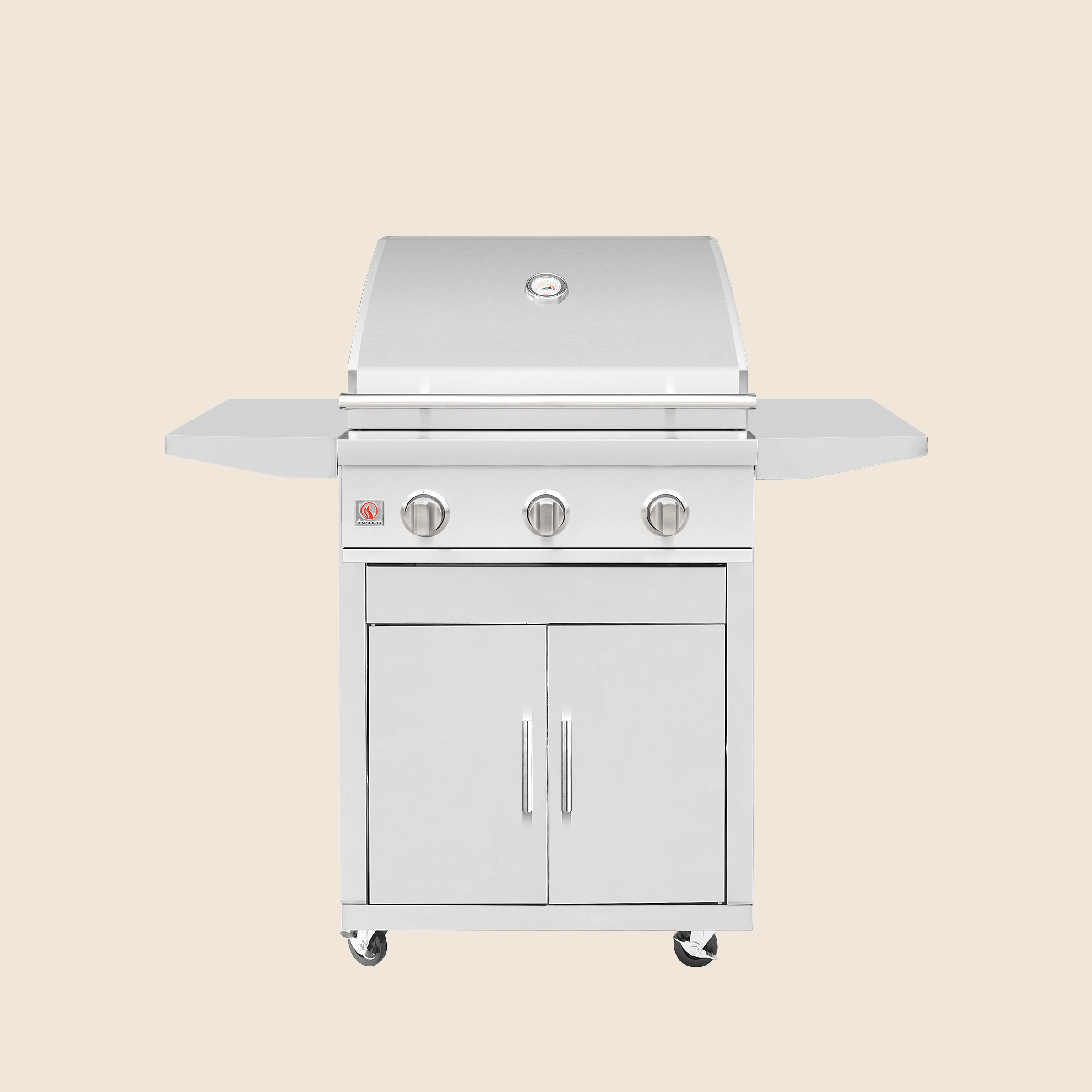 ummerset 25-inch Sizzler grill cart with the grill hood closed, front three-quarter view showing the folding side shelves and double access door