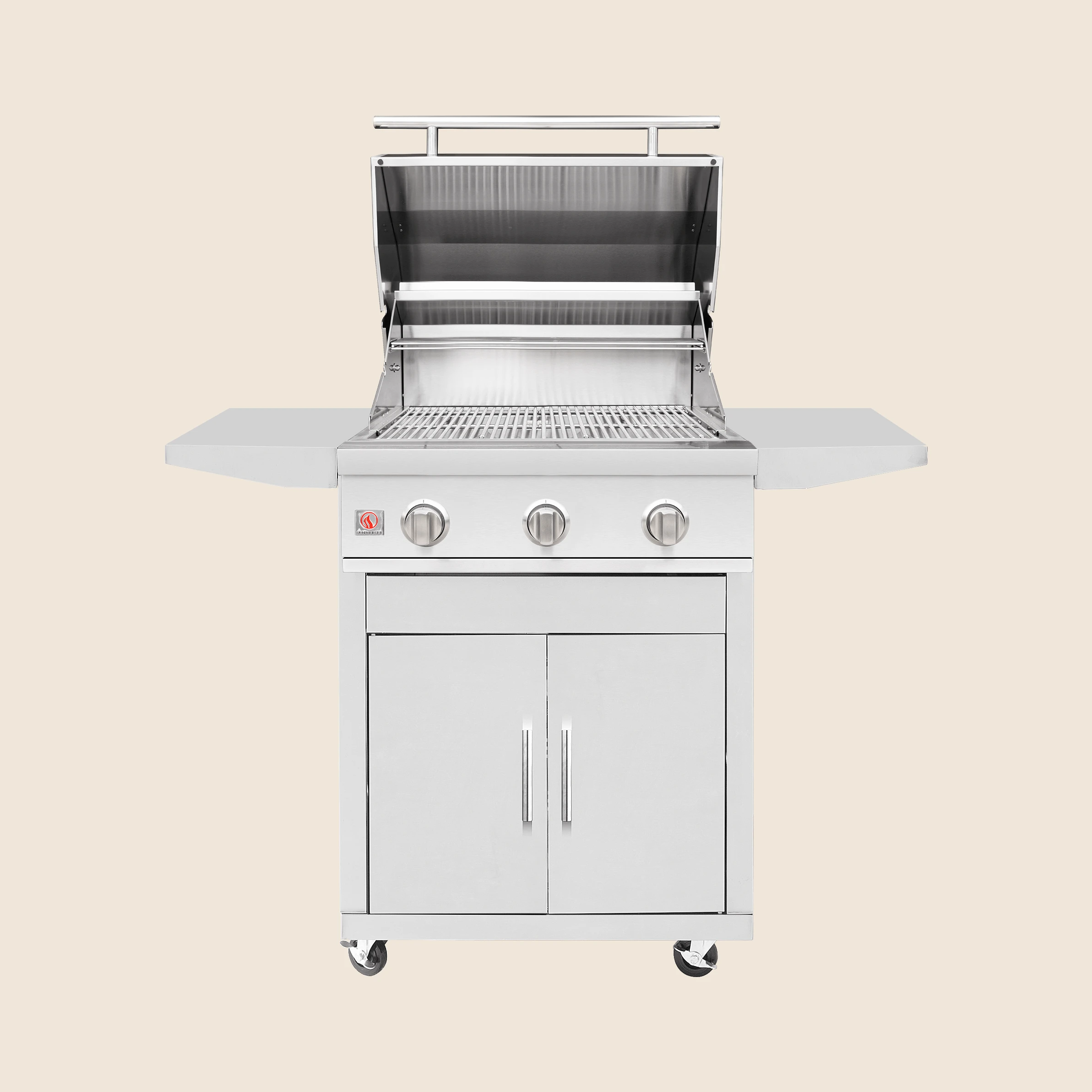 Summerset 25-inch Sizzler grill cart with the grill hood open, showing the cooking grates, folding side shelves, and stainless steel double access door