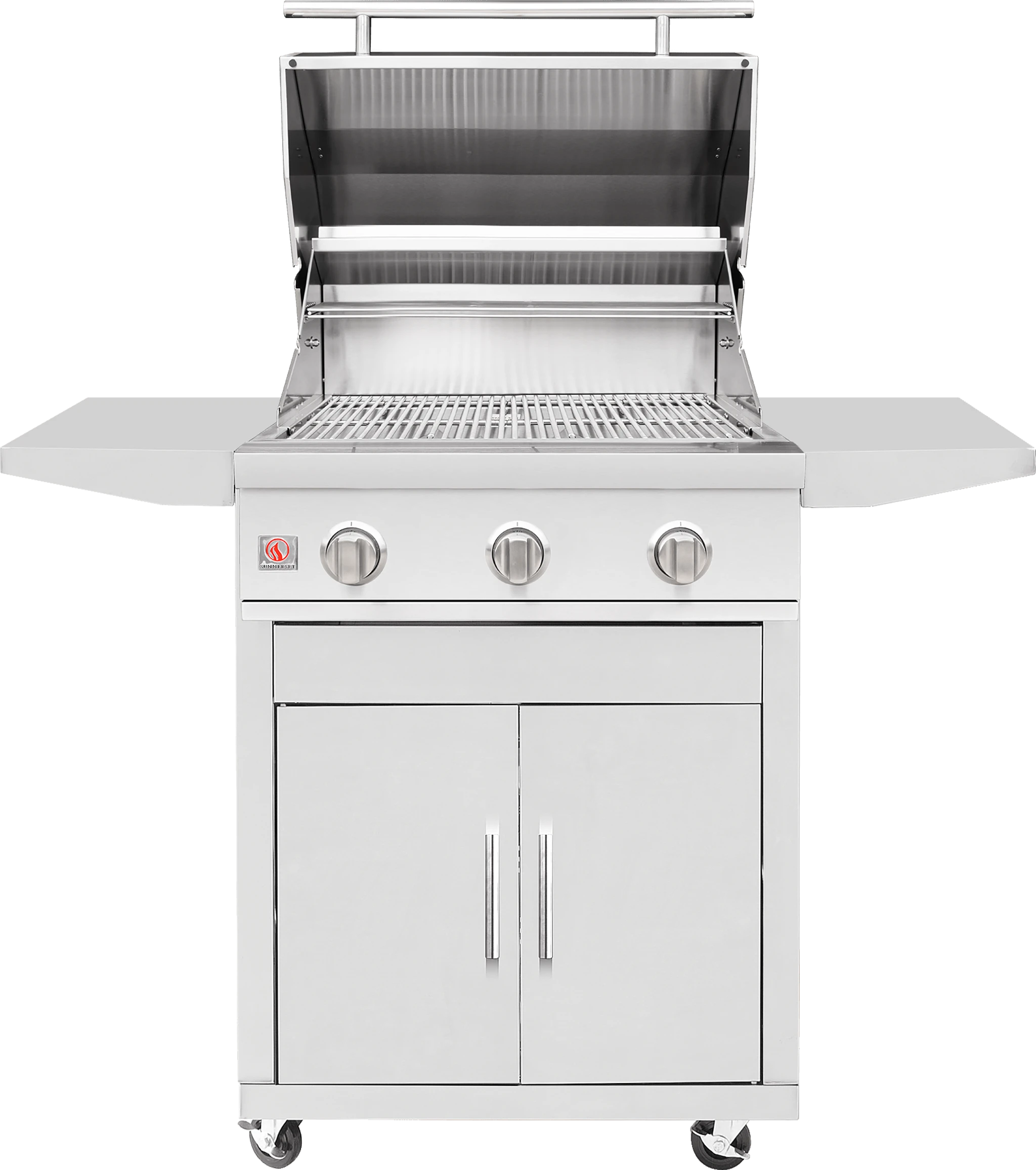 Close-up of the open hood on the Summerset 25-inch Sizzler grill cart, showing the cooking grates and control knobs above the stainless steel double access door