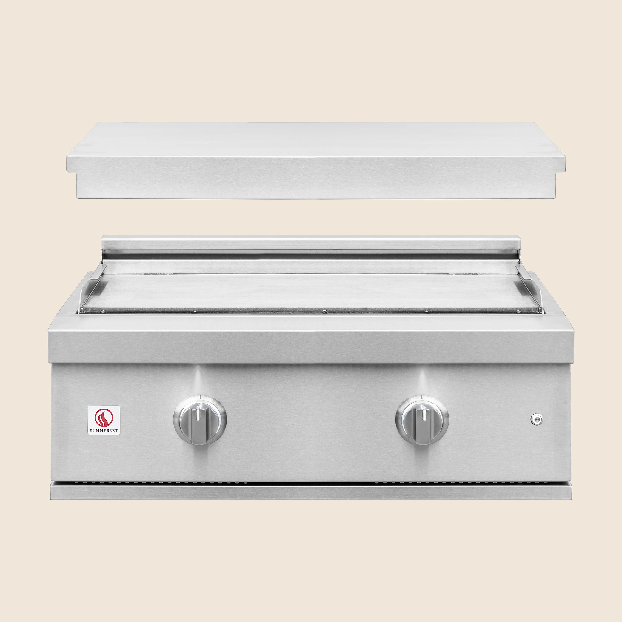 Summerset 30-inch Griddle Pro built-in gas griddle with the removable stainless steel lid lifted away, showing the flat-top cooking surface