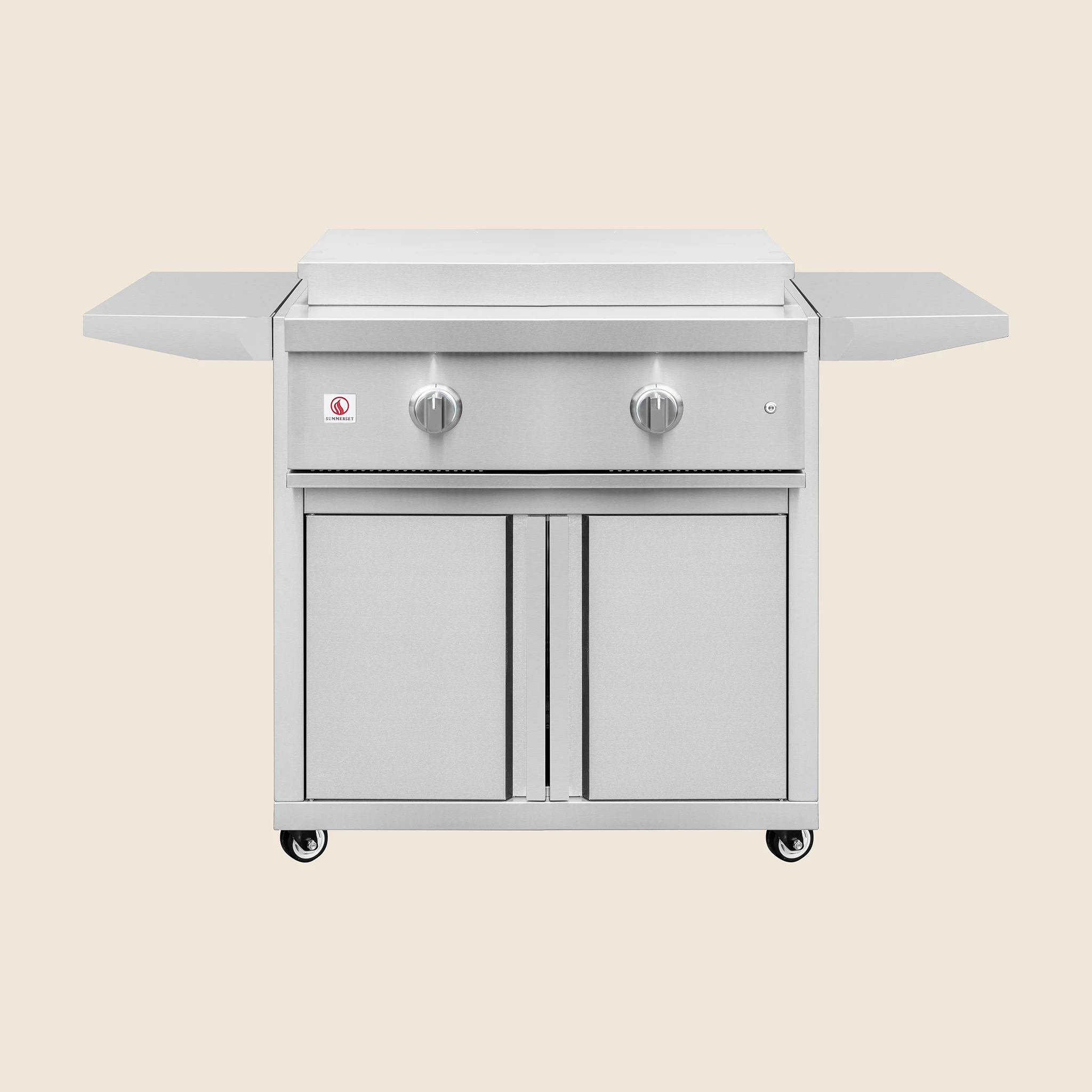 Summerset 30-inch Griddle Pro grill cart, front view showing the flat-top griddle surface, control knobs, and stainless steel double access doors